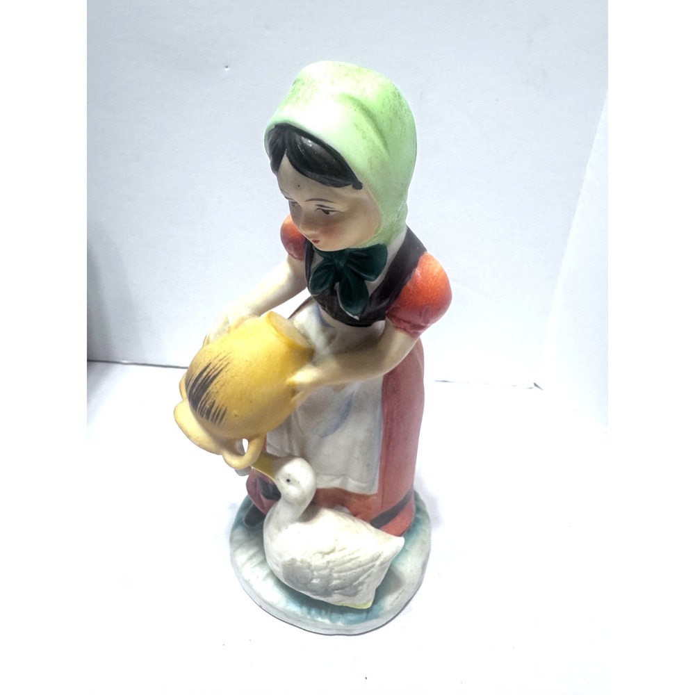 VINTAGE I W Rice Porcelain Figurine Japan Girl Feeding Geese 1960s milkmaid farm